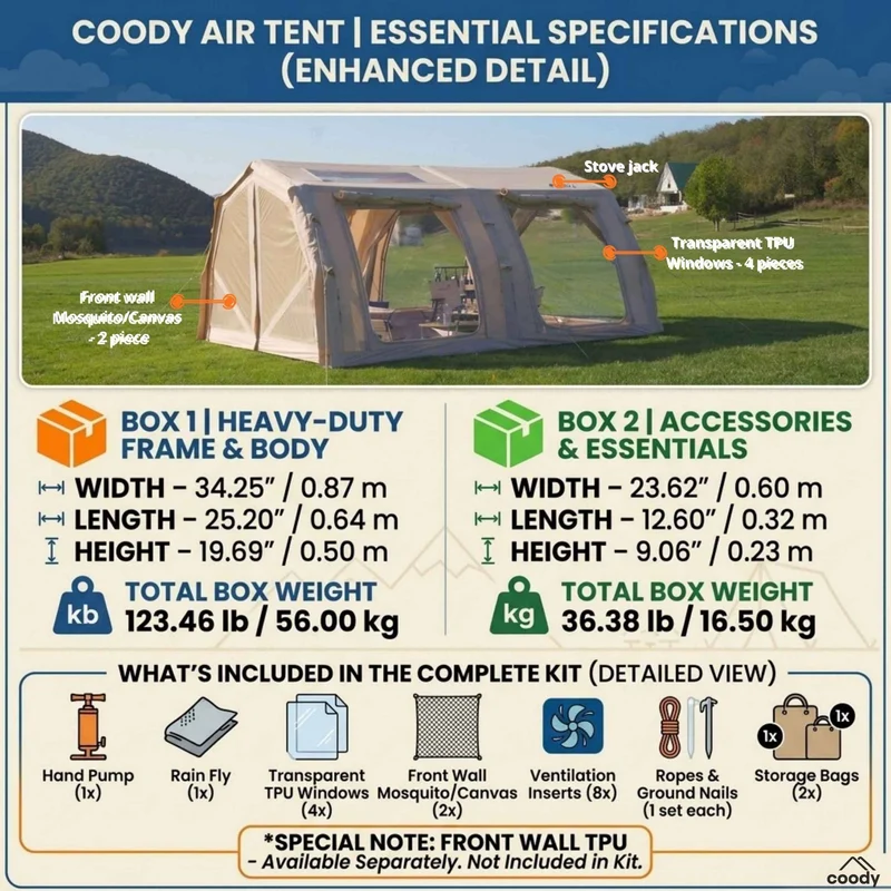 Coody Familia AirTent 17.2 Pro Beige – Inflatable Hot Tent with Stove Jack for Camping, 2–10 People