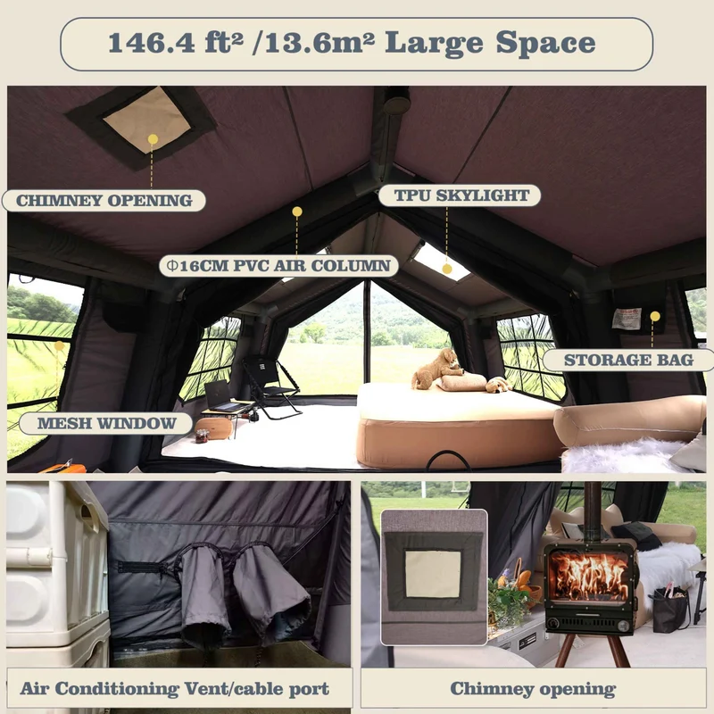 Coody Familia AirTent 13.6 Gray – Inflatable Hot Tent with Stove Jack for Camping, 2–8 People