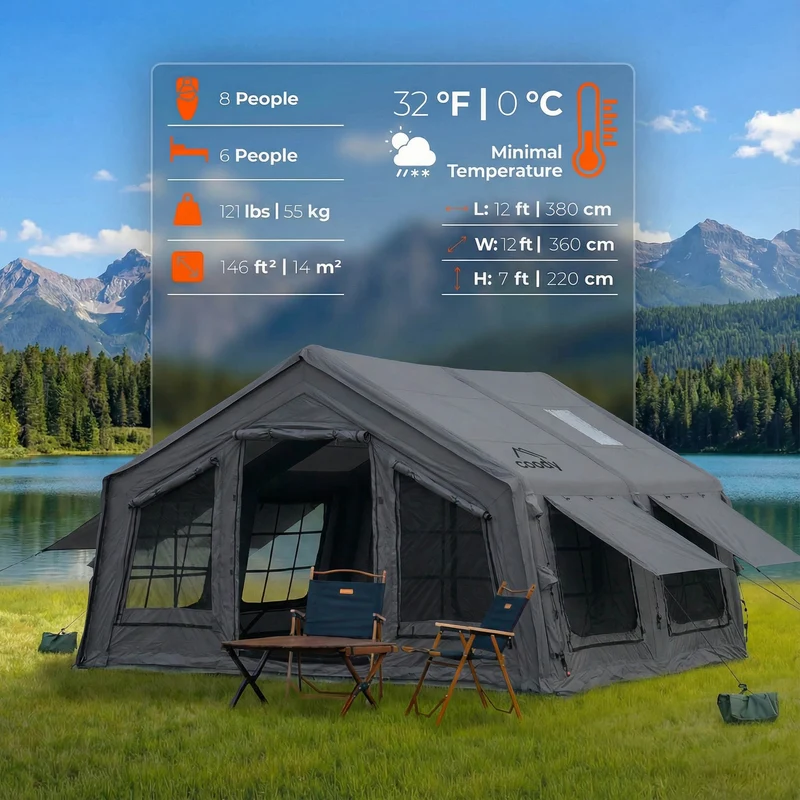 Coody Familia AirTent 13.6 Gray – Inflatable Hot Tent with Stove Jack for Camping, 2–8 People