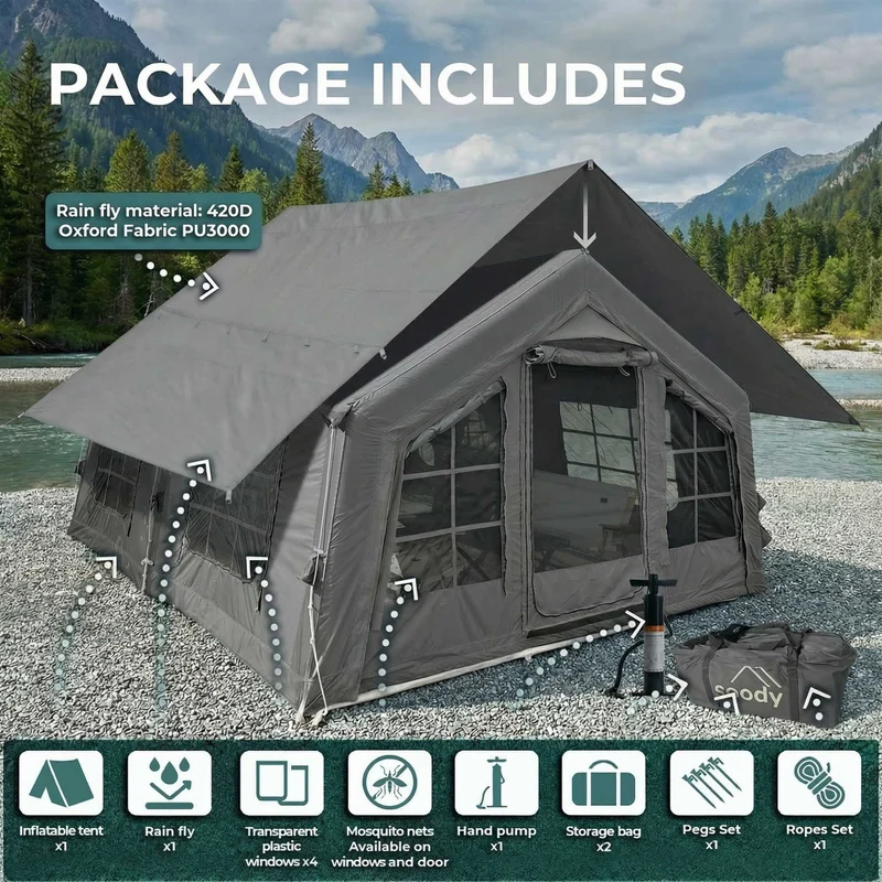 Coody Familia AirTent 13.6 Gray – Inflatable Hot Tent with Stove Jack for Camping, 2–8 People