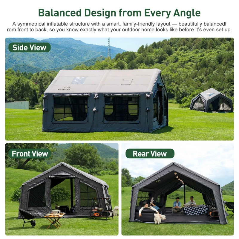 Coody Familia AirTent 17.2 Gray – Large Inflatable Hot Tent with Stove Jack for Camping, 2–10 People