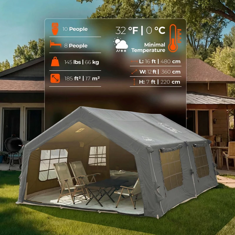 Coody Familia AirTent 17.2 Gray – Large Inflatable Hot Tent with Stove Jack for Camping, 2–10 People
