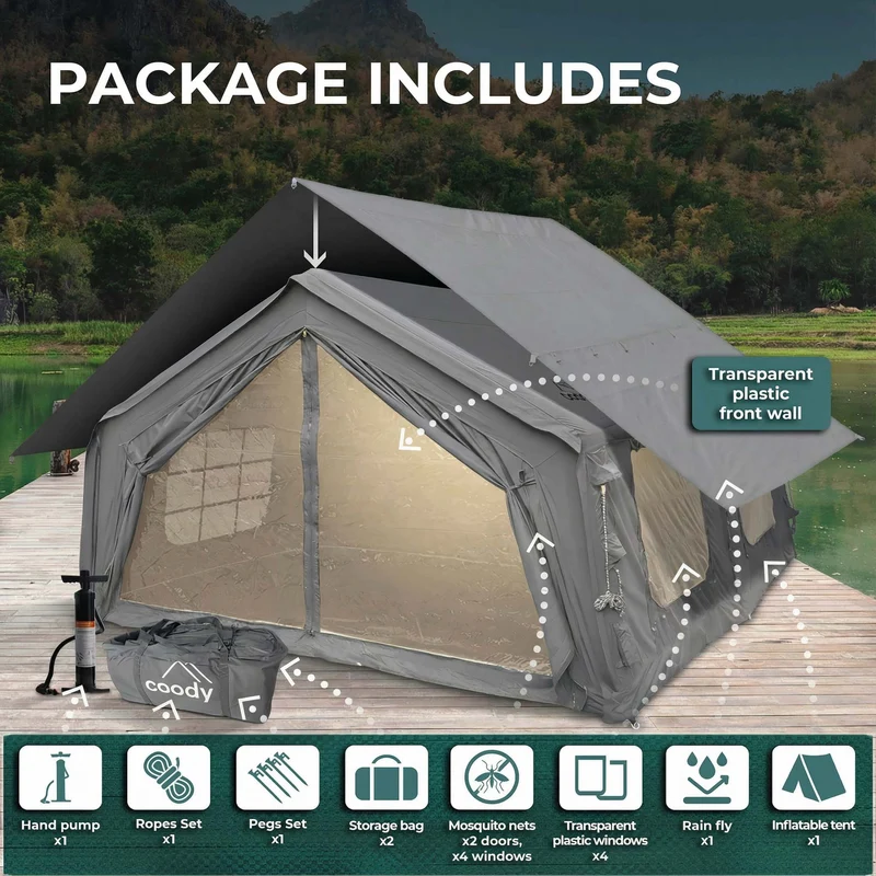 Coody Familia AirTent 17.2 Gray – Large Inflatable Hot Tent with Stove Jack for Camping, 2–10 People