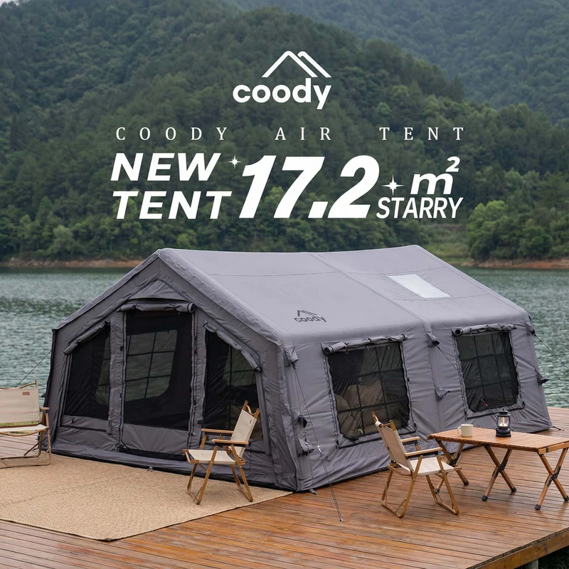 Coody Familia AirTent 17.2 Gray – Large Inflatable Hot Tent with Stove Jack for Camping, 2–10 People
