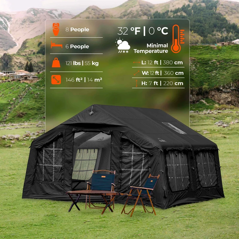Coody Familia AirTent 13.6 Black – Inflatable Hot Tent with Stove Jack for Camping, 2–8 People
