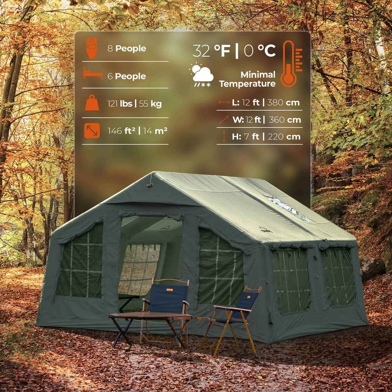 Coody Familia AirTent 13.6 Forest Green – Inflatable Hot Tent with Stove Jack for Camping, 2–8 People