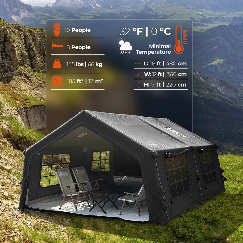 Coody Familia AirTent 17.2 Black – Large Inflatable Hot Tent with Stove Jack for Camping, 2–10 People
