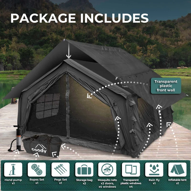 Coody Familia AirTent 17.2 Black – Large Inflatable Hot Tent with Stove Jack for Camping, 2–10 People