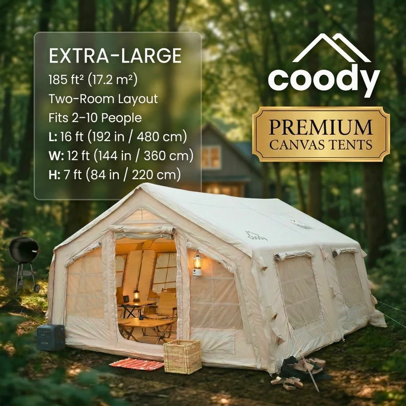 Coody Familia AirTent 17.2 Beige – Large Inflatable Hot Tent with Stove Jack for Camping, 2–10 People