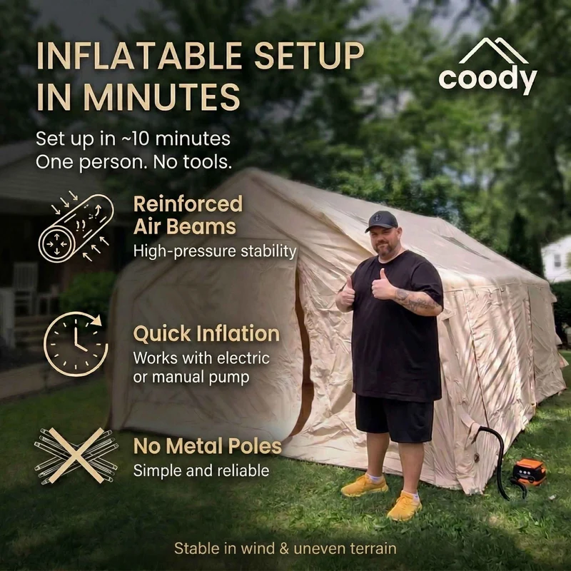 Coody Familia AirTent 17.2 Beige – Large Inflatable Hot Tent with Stove Jack for Camping, 2–10 People