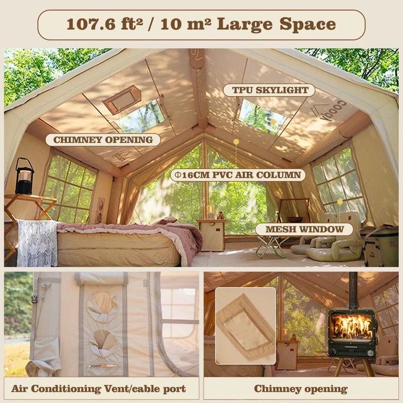 Coody 10.0 Beige – Inflatable Hot Tent with Stove Jack for Camping, 2–4 People