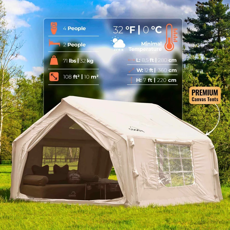 Coody 10.0 Beige – Inflatable Hot Tent with Stove Jack for Camping, 2–4 People