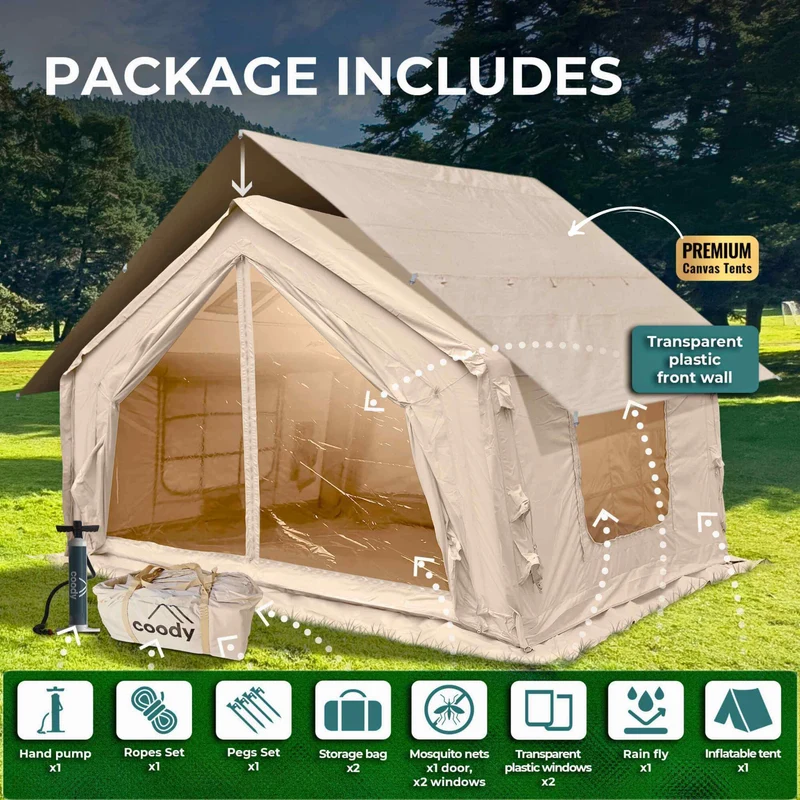 Coody 10.0 Beige – Inflatable Hot Tent with Stove Jack for Camping, 2–4 People