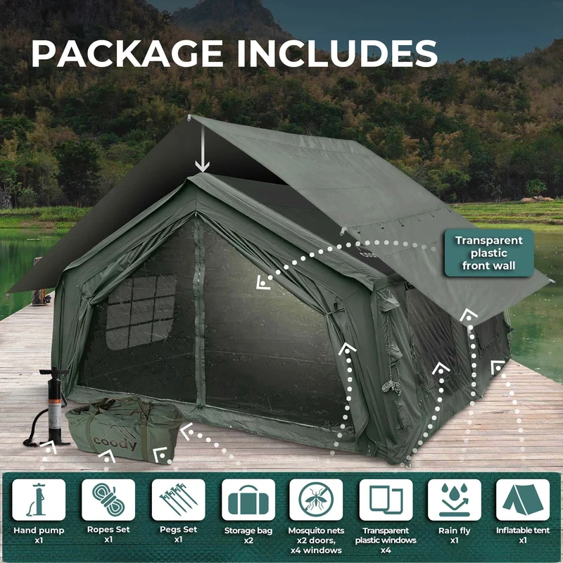 Coody Familia AirTent 17.2 Green – Large Inflatable Hot Tent with Stove Jack for Camping, 2–10 People