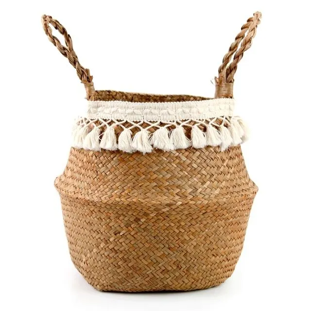 Cache Pot Osier Pom Pom Macrame