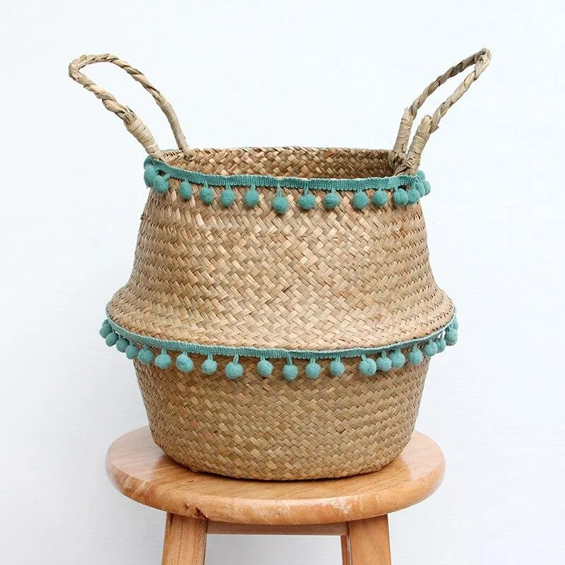 Cache Pot Osier Jonc de Mer Pompon Bleu