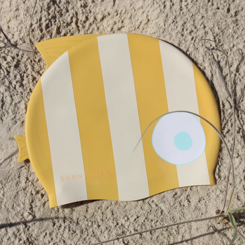 Swimming Cap - Finn the Fish Mustard Stripe