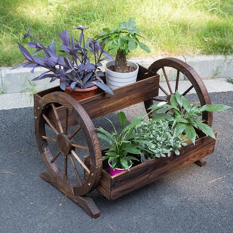 Porte Plantes Charrette en Bois