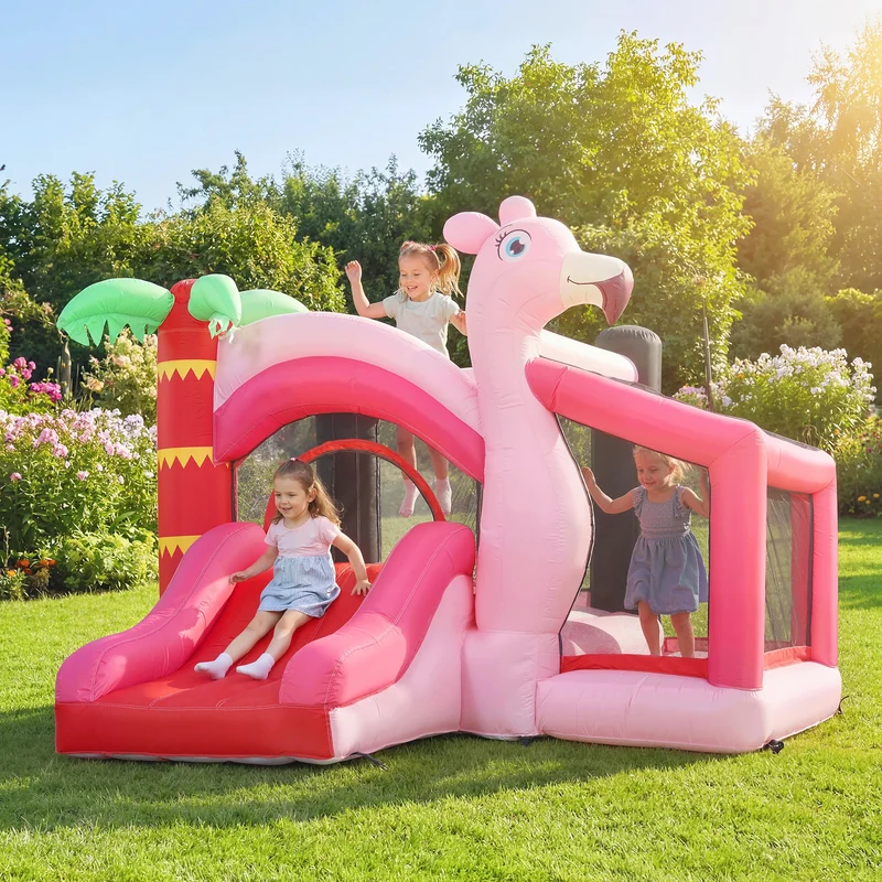 Château Gonflable Flamant Rose Toboggan