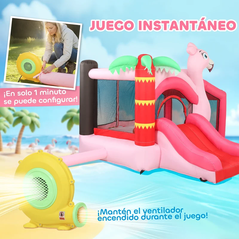 Château Gonflable Flamant Rose Toboggan