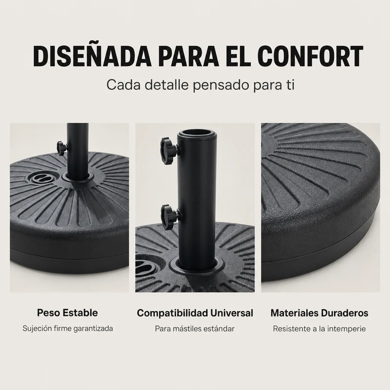 Pack Sombrilla Recta 3m UV Kaki + Base Redonda Rellenable