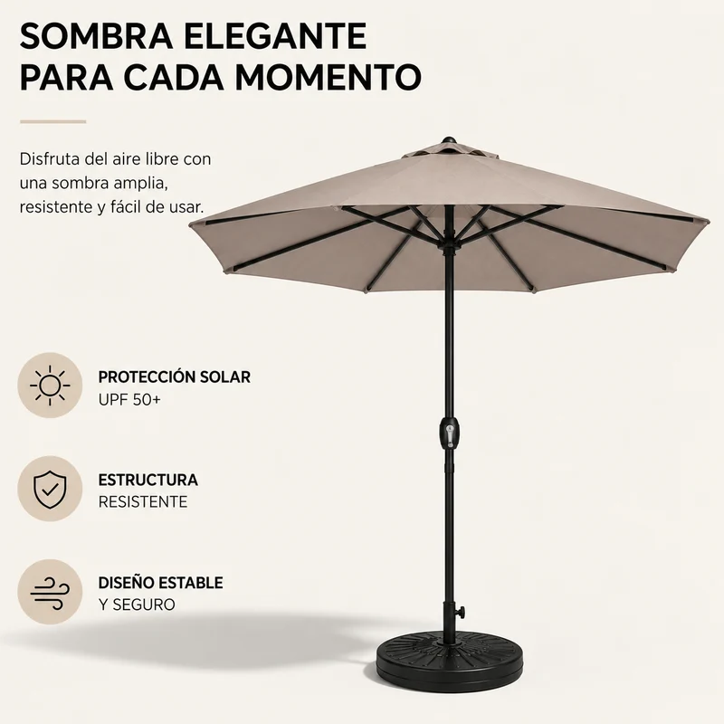 Pack Sombrilla Recta 3m Kaki + Base Redonda Rellenable