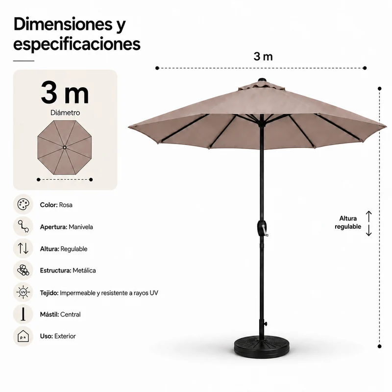Pack Sombrilla Recta 3m Kaki + Base Redonda Rellenable