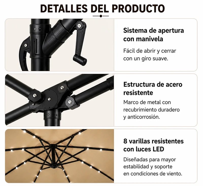 Pack Sombrilla Lateral 3m LED Kaki + Base Modular Cuadrada