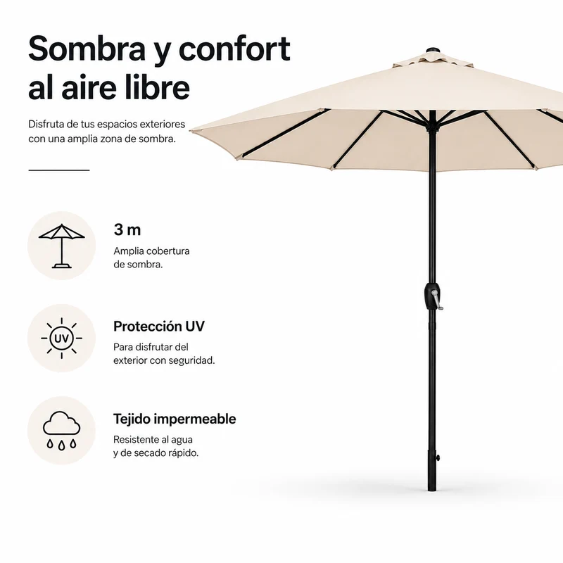 Sombrilla 3 metros De Jardín Regulable Con Manivela Beige