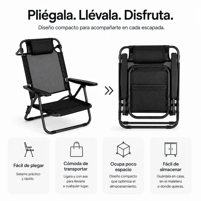Pack 4 Sillas Plegables Bajas Para Playa Y Camping Con Reposacabezas Acolchado