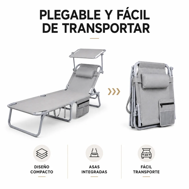 Pack 2 Tumbonas Plegables Con Parasol Ajustable Para Jardín Y Playa