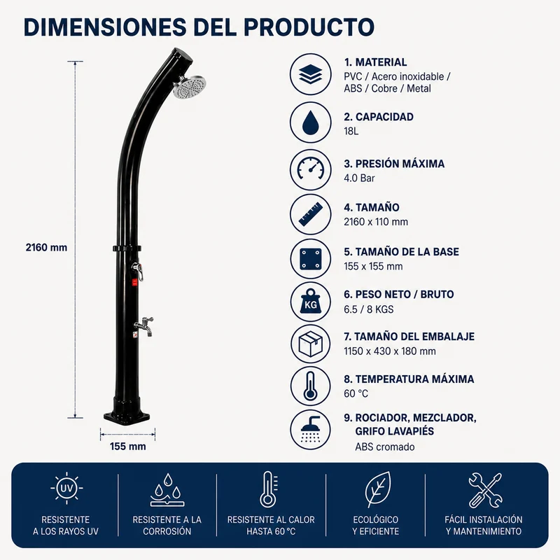 Ducha Solar Exterior 18L Jardín y Piscina con Mezclador y Grifo Lavapiés