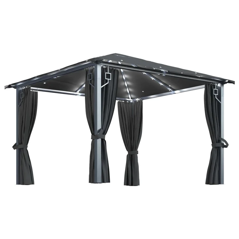 Prieel Met Gordijn Led-Lichtslinger 3X3 M Aluminium