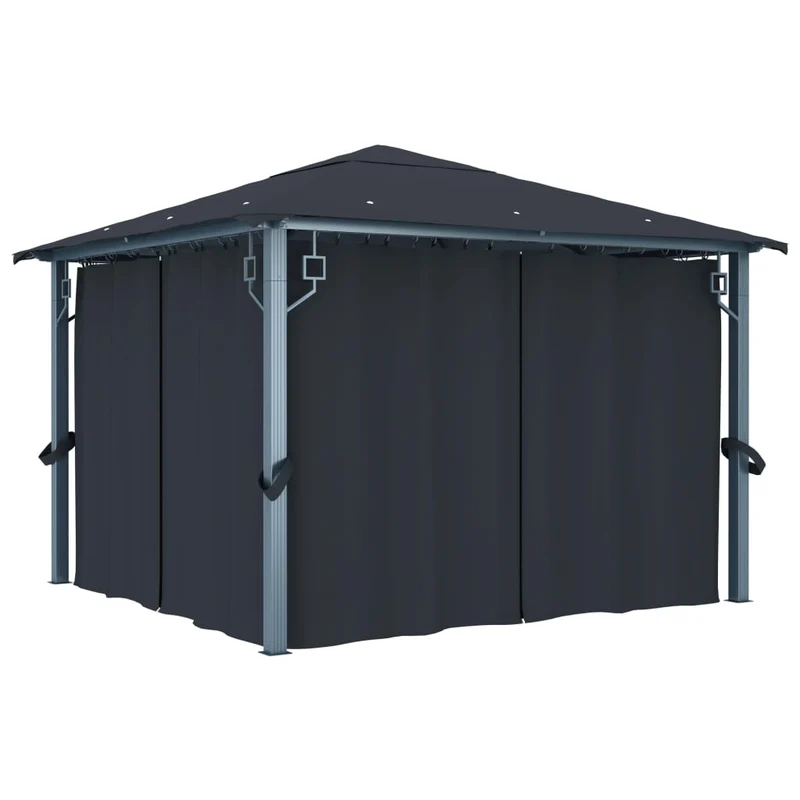 Prieel Met Gordijn Led-Lichtslinger 3X3 M Aluminium