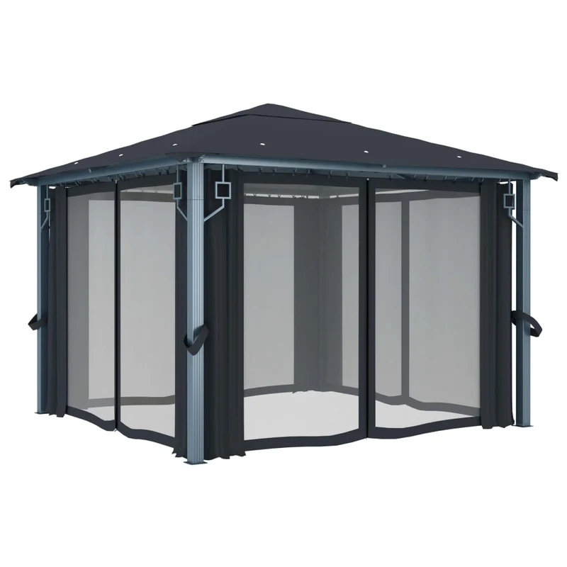 Prieel Met Gordijn Led-Lichtslinger 3X3 M Aluminium