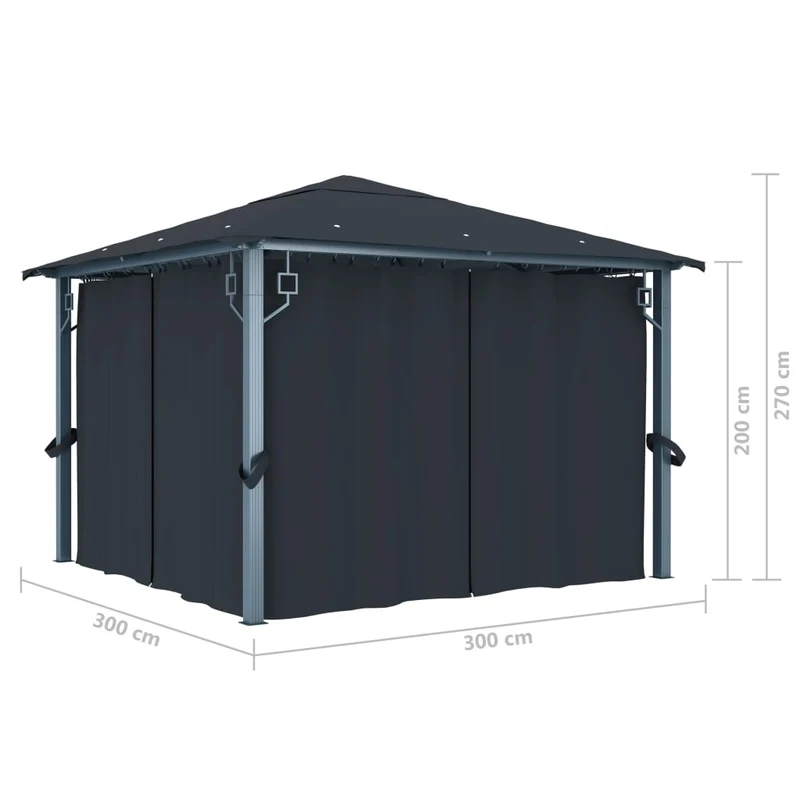 Prieel Met Gordijn Led-Lichtslinger 3X3 M Aluminium