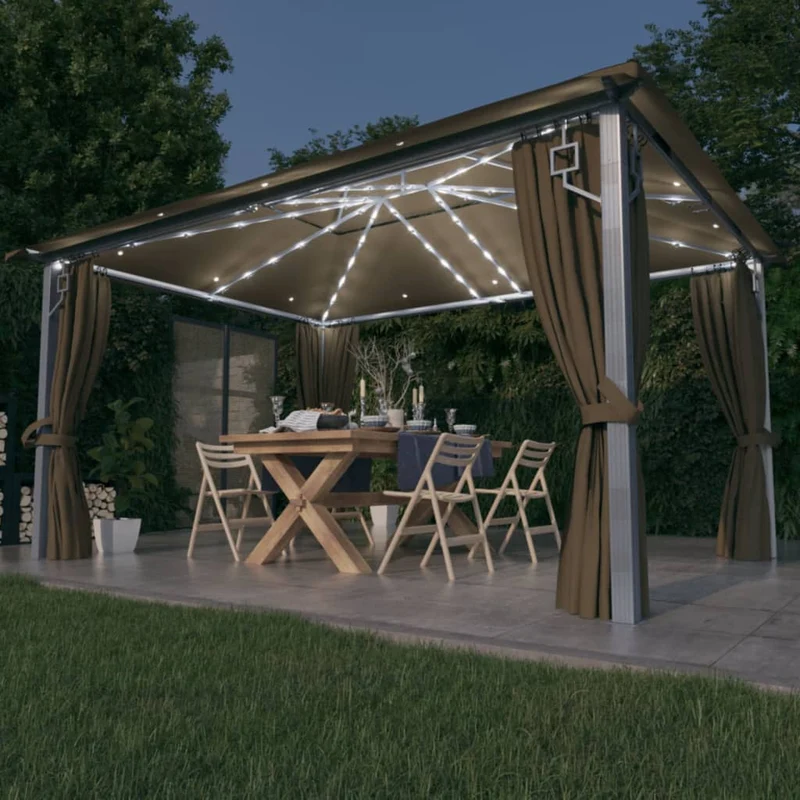 Prieel Met Gordijn Led-Lichtslinger 3X3 M Aluminium