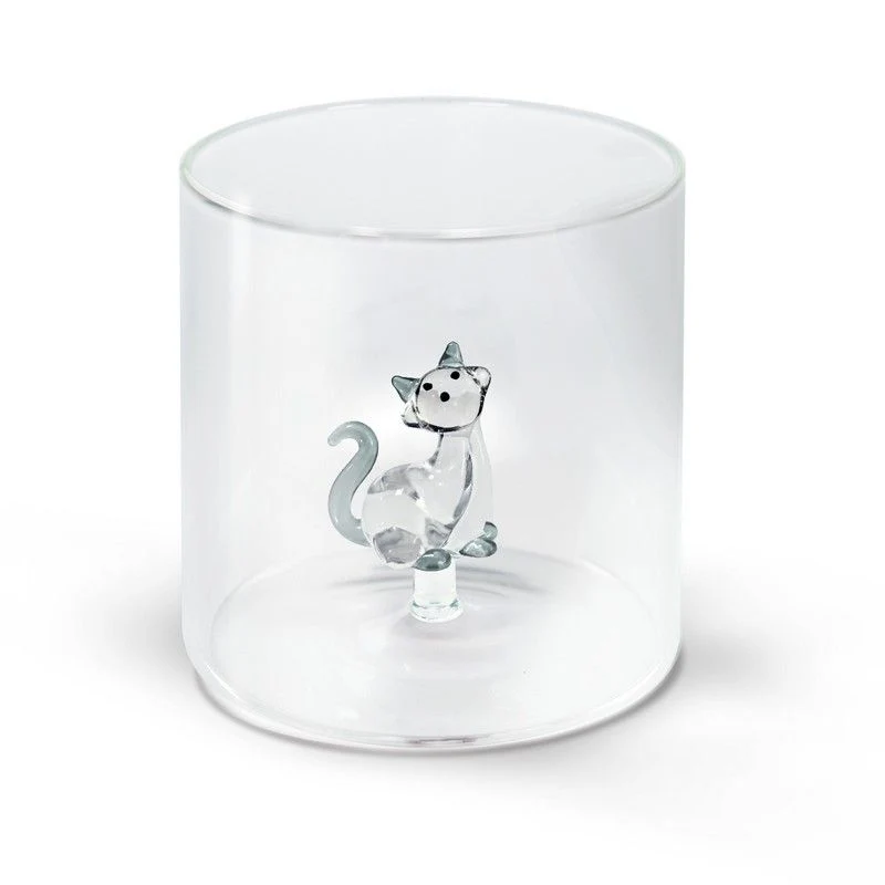 Bicchiere in Vetro Borosilicato con Statuina Gatto con Gomitolo 250 ml Trasparente Wd Lifestyle