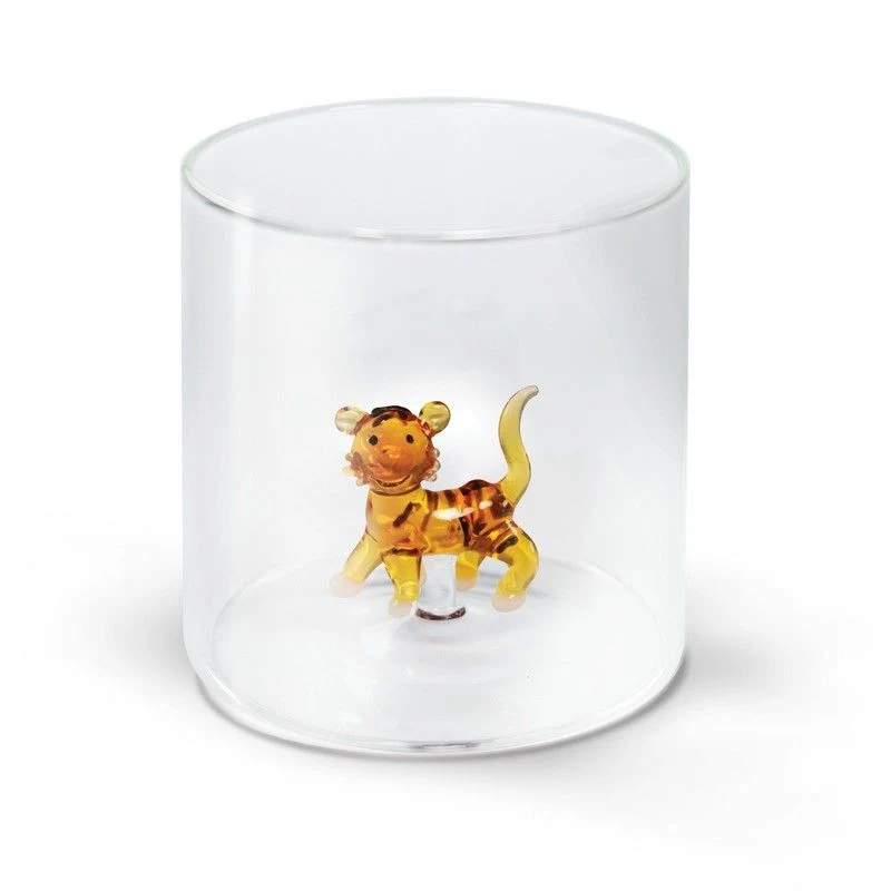 Bicchiere in Vetro Borosilicato con Statuina Tigre 250 ml Trasparente Wd Lifestyle