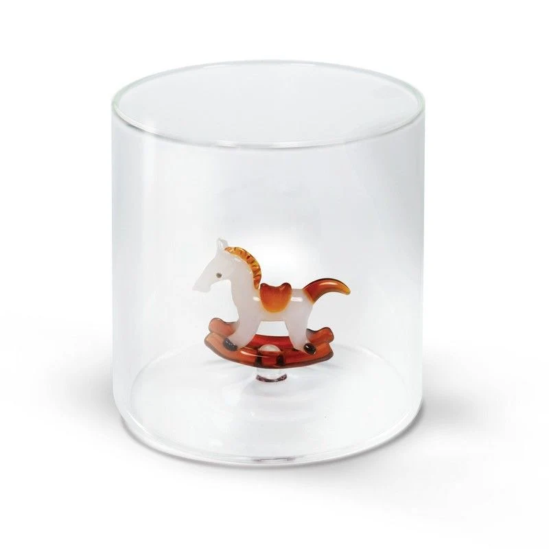 Bicchiere in Vetro Borosilicato con Statuina Cavallo a Dondolo 250ml Trasparente Wd Lifestyle