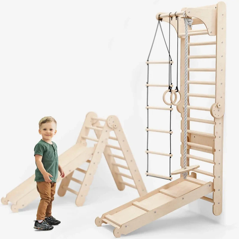 6 In 1 Indoor Climbing Wall Kit For Kids With Rings, Swing, Slide, Ladder And Bar For Balance And Coordination