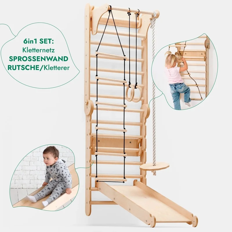 6 In 1 Indoor Climbing Wall Kit For Kids With Rings, Swing, Slide, Ladder And Bar For Balance And Coordination