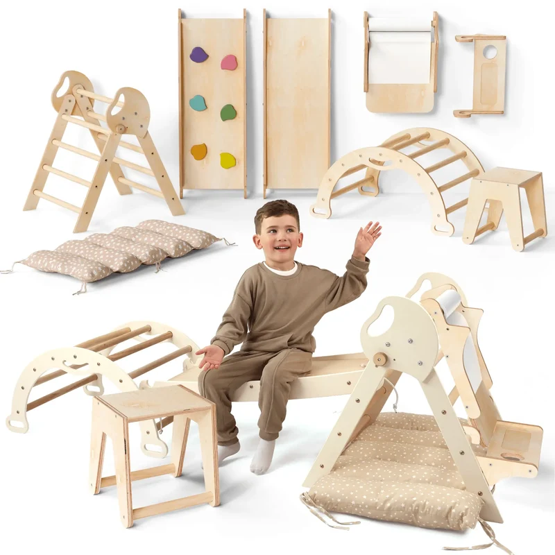 Montessori Pikler Triangle 5-in-1 Climbing Set for Toddlers 1 to 3 Years Arch Slide Board Cushion Creative Play