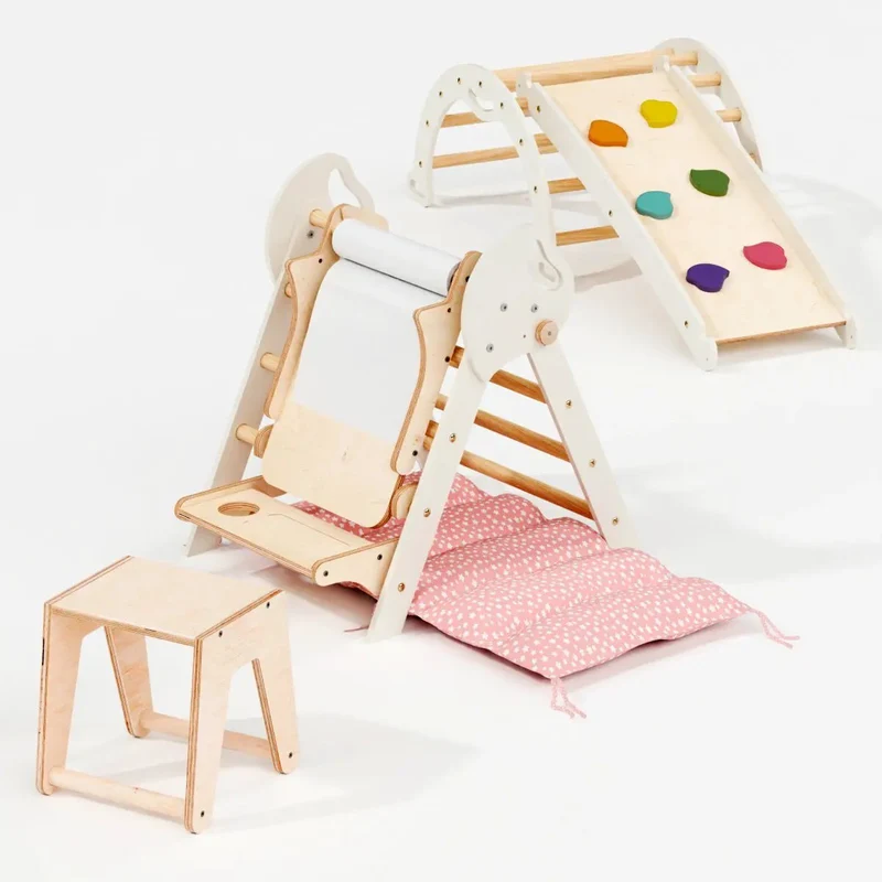 Montessori Pikler Triangle 5-in-1 Climbing Set for Toddlers 1 to 3 Years Arch Slide Board Cushion Creative Play