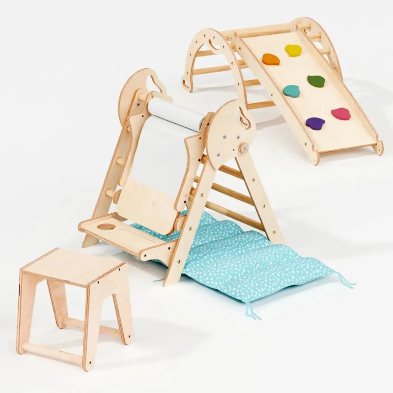 Montessori Pikler Triangle 5-in-1 Climbing Set for Toddlers 1 to 3 Years Arch Slide Board Cushion Creative Play