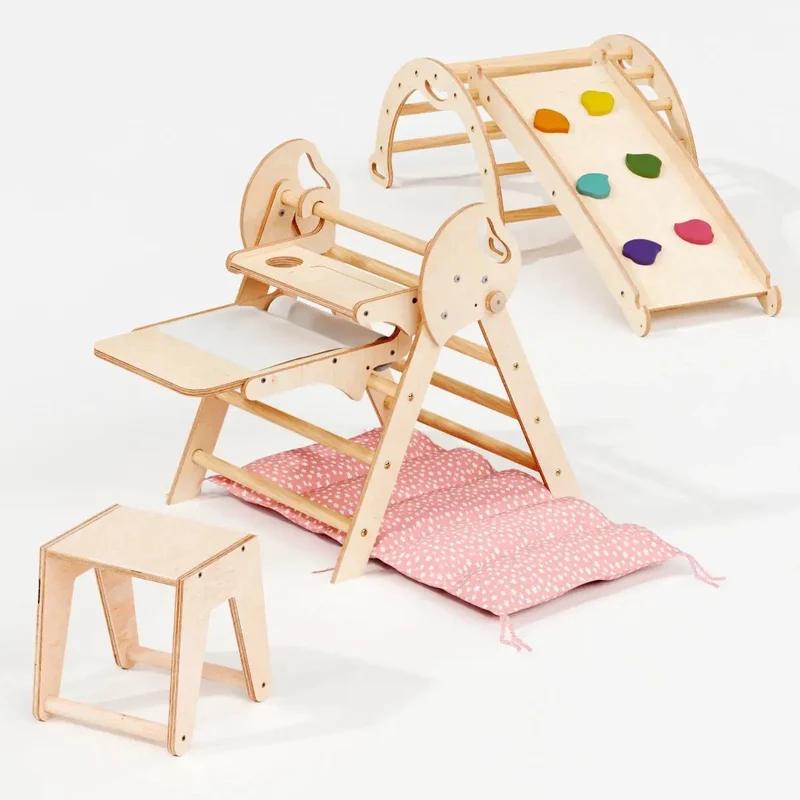 Montessori Pikler Triangle 5-in-1 Climbing Set for Toddlers 1 to 3 Years Arch Slide Board Cushion Creative Play