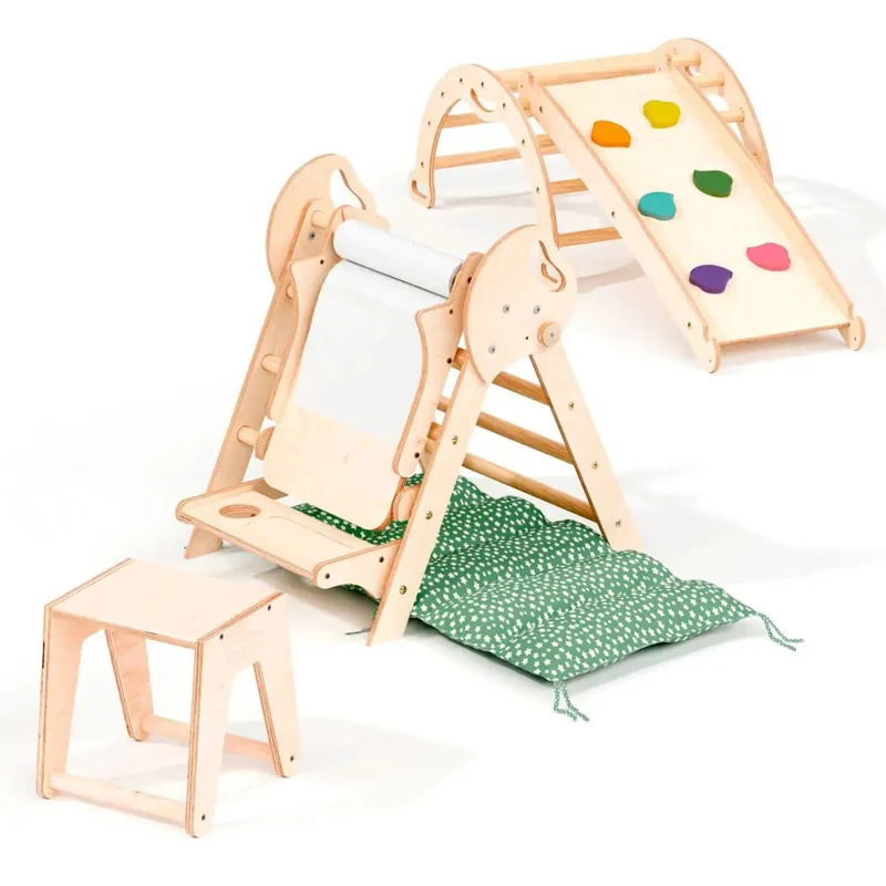 Montessori Pikler Triangle 5-in-1 Climbing Set for Toddlers 1 to 3 Years Arch Slide Board Cushion Creative Play
