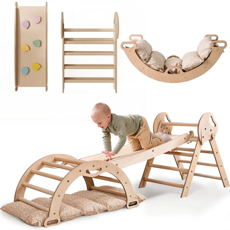 Montessori 4 In 1 Climbing Triangle For Toddlers 1 To 3 Years Pikler Triangle Climbing Arc Slide Board And Cushion