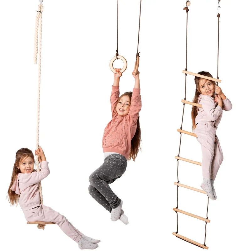 Three Swing Set With Disc Swing Rings And Rope Ladder For Toddlers Builds Balance And Confidence Indoor Outdoor Gym