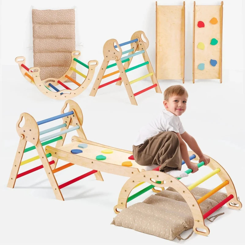 All In One Montessori Climbing Set For Toddlers 1 To 3 Rainbow Edition With Pikler Triangle Arch Slide Pillow